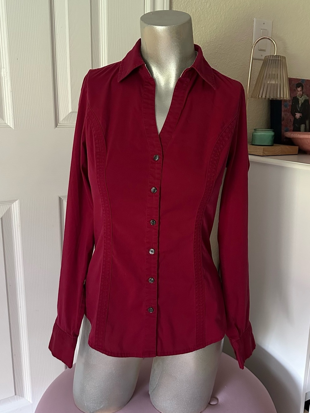 Express Y2K Burgundy Tailored Button-Up Long Sleeve Shirt